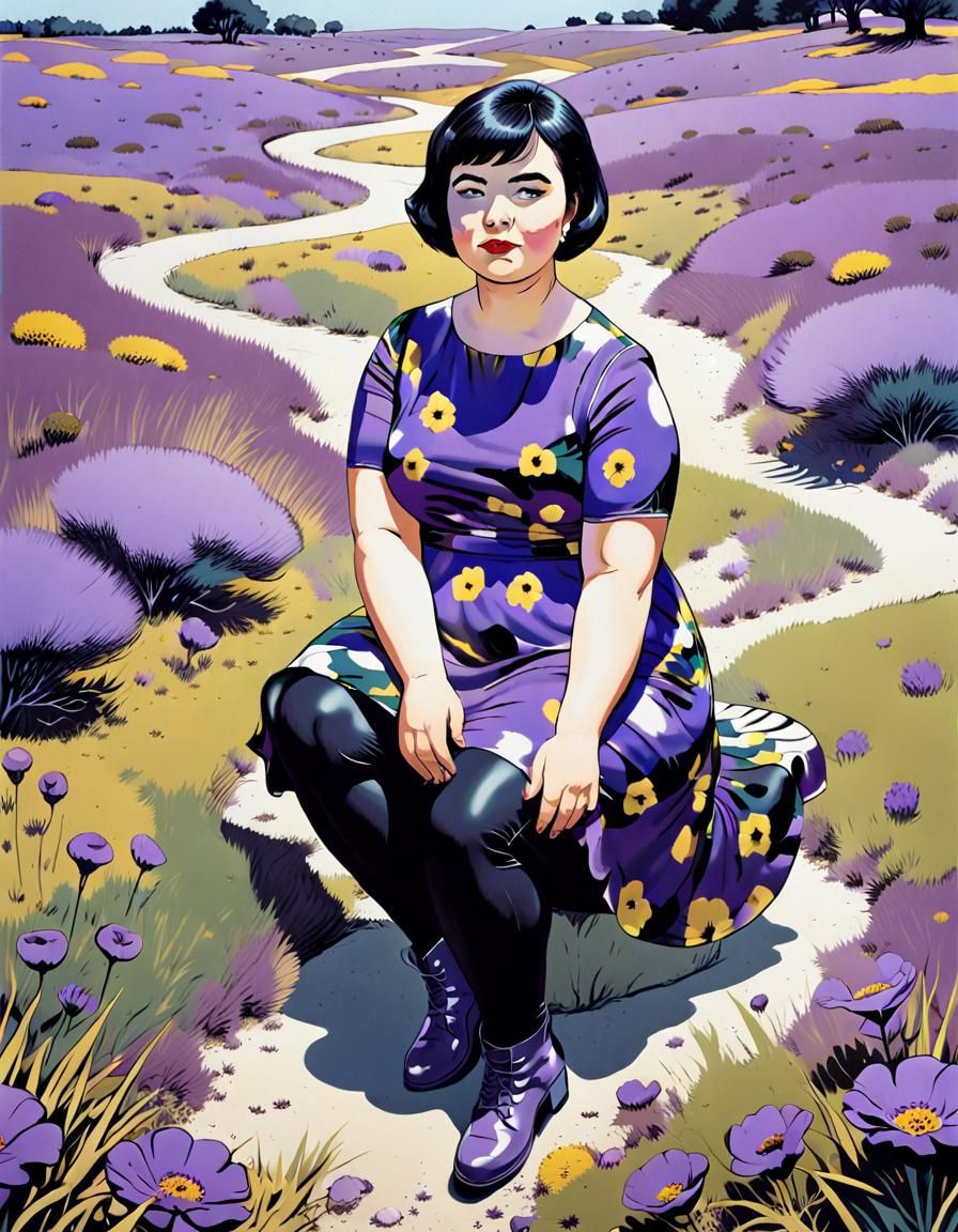 Pop Art Woman in Flower Dress on Heathland