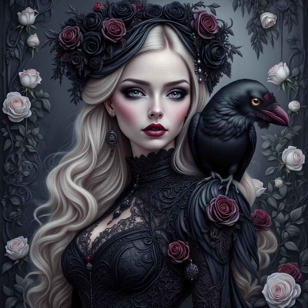 Gothic Woman with Raven in Victorian Dress