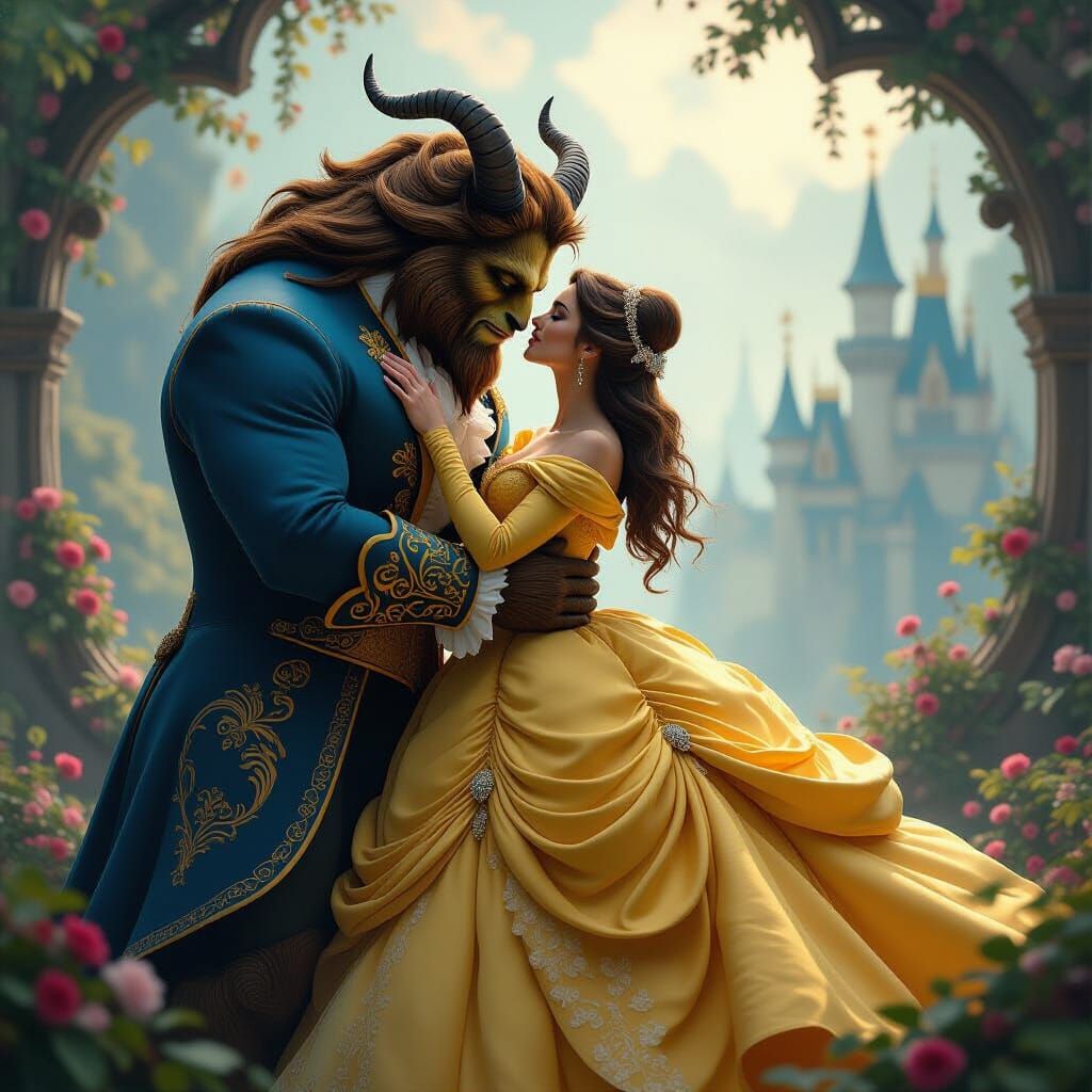 Belle and Beast Kiss in Dreamlike Fantasy Art
