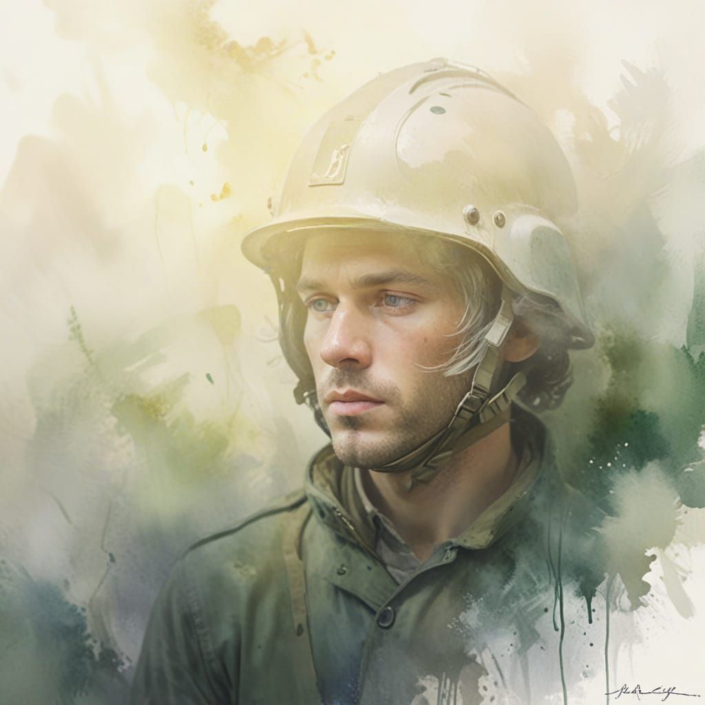 Watercolor Portrait of Helmeted American GI