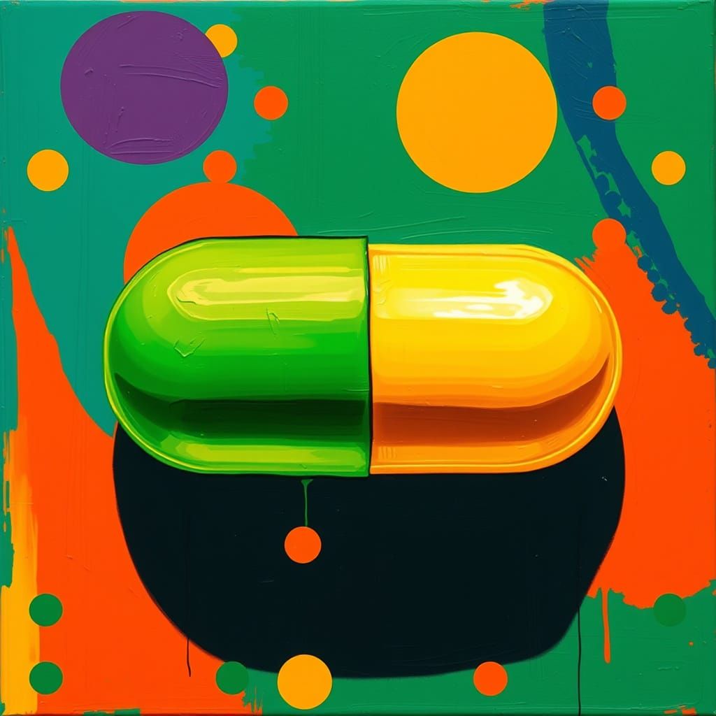 Vibrant Pop Art Prozac Pill Against Bold Dotted Background