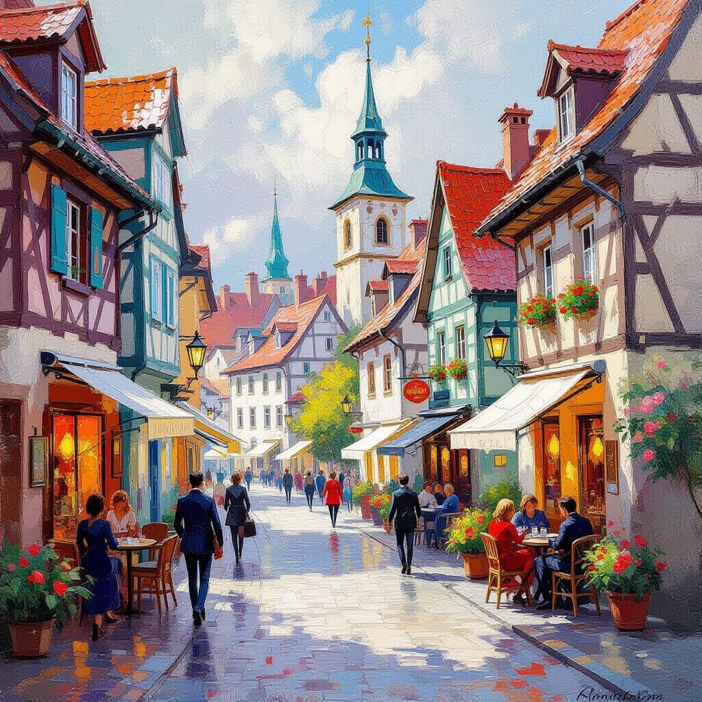 Vibrant Town Scene in Neo-Impressionist Style
