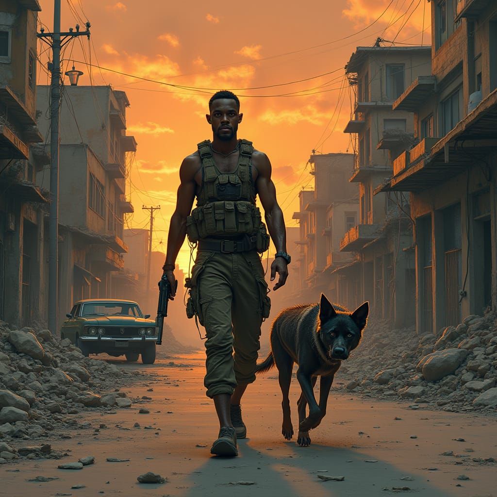 War-Torn Street at Dusk in Post-Apocalyptic Urban Landscape