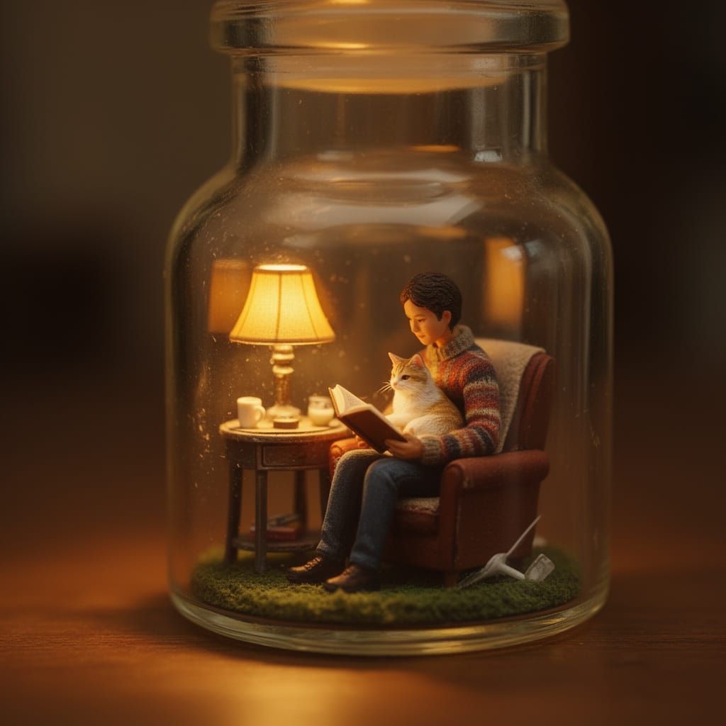 Cozy Diorama Inside Glass Bottle with Reading Person and Cat