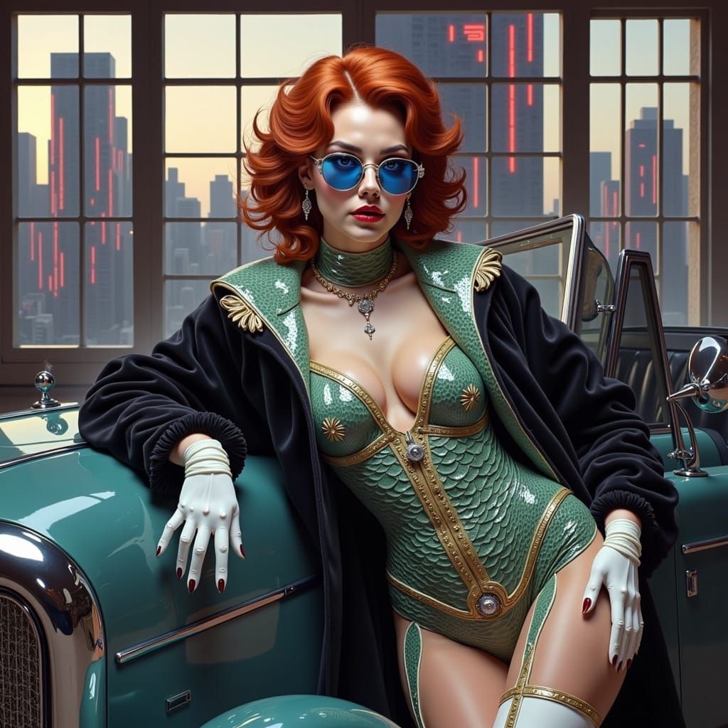 A combination of Ron Randall Pen ink and Sardax watercolour. A sleek, elegant, glamorous and sly redheaded woman leans a...