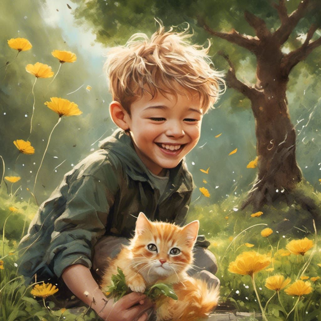 Boy Offers Dandelion to Kitten in Watercolor