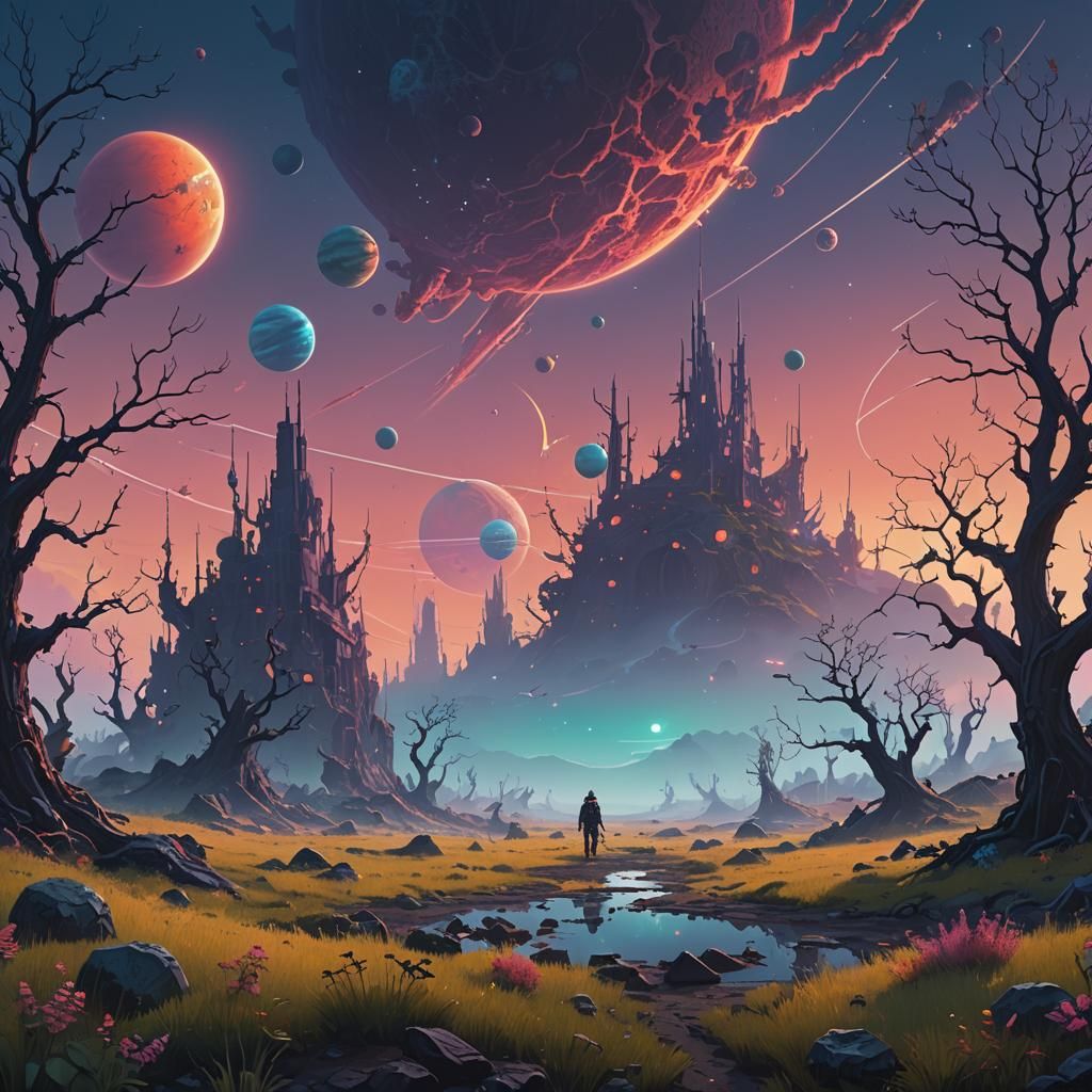 Fantastical Landscape with Peculiar Creatures, Digital Matte...