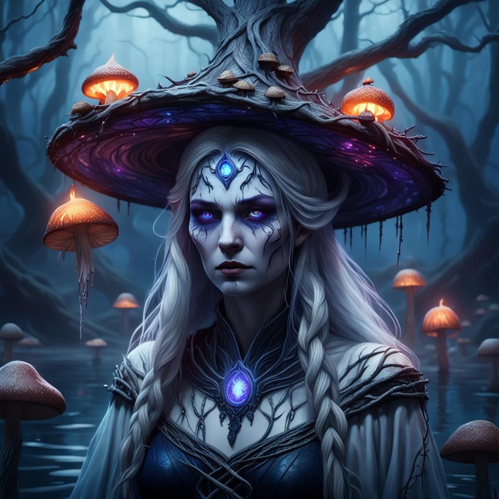 Eerie White Witch in Misty Lake: Dark Fantasy Art