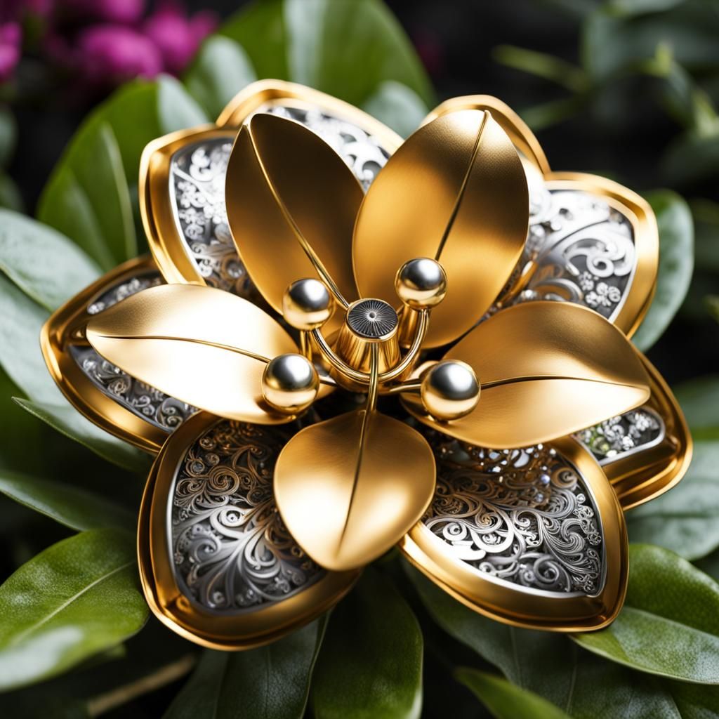 Steampunk Metal Rhododendron Flower in Hyperrealistic Close-...