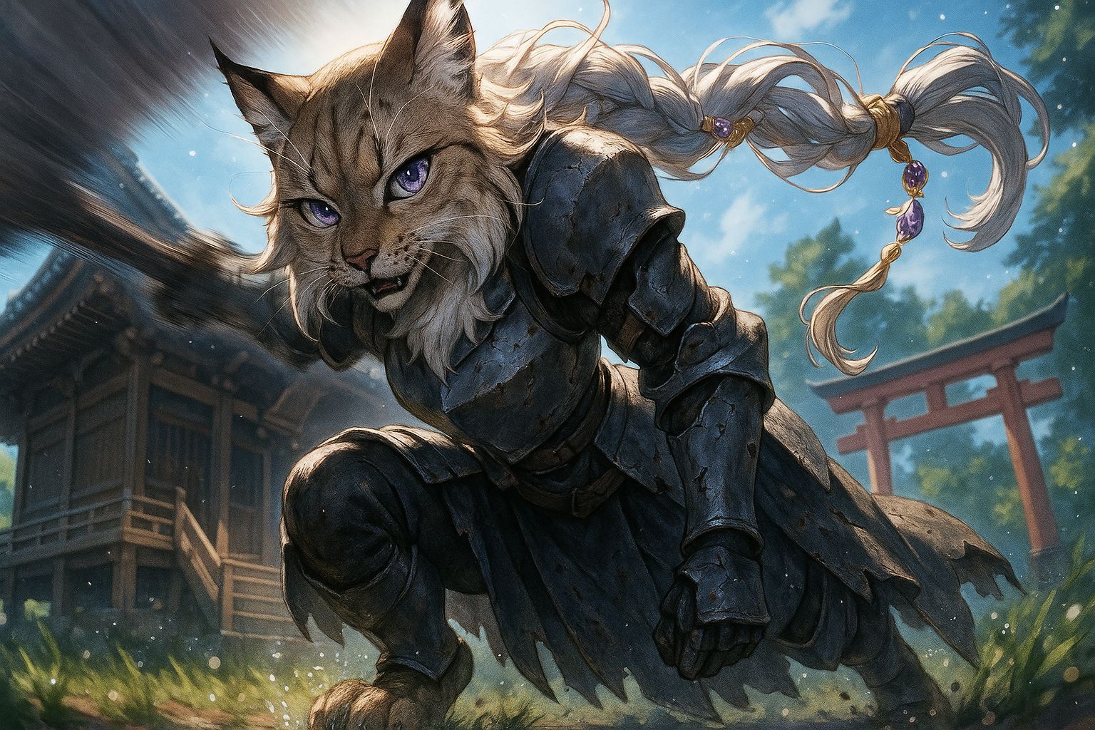 Anime Lynx Warrior Defends Shrine with Greatsword