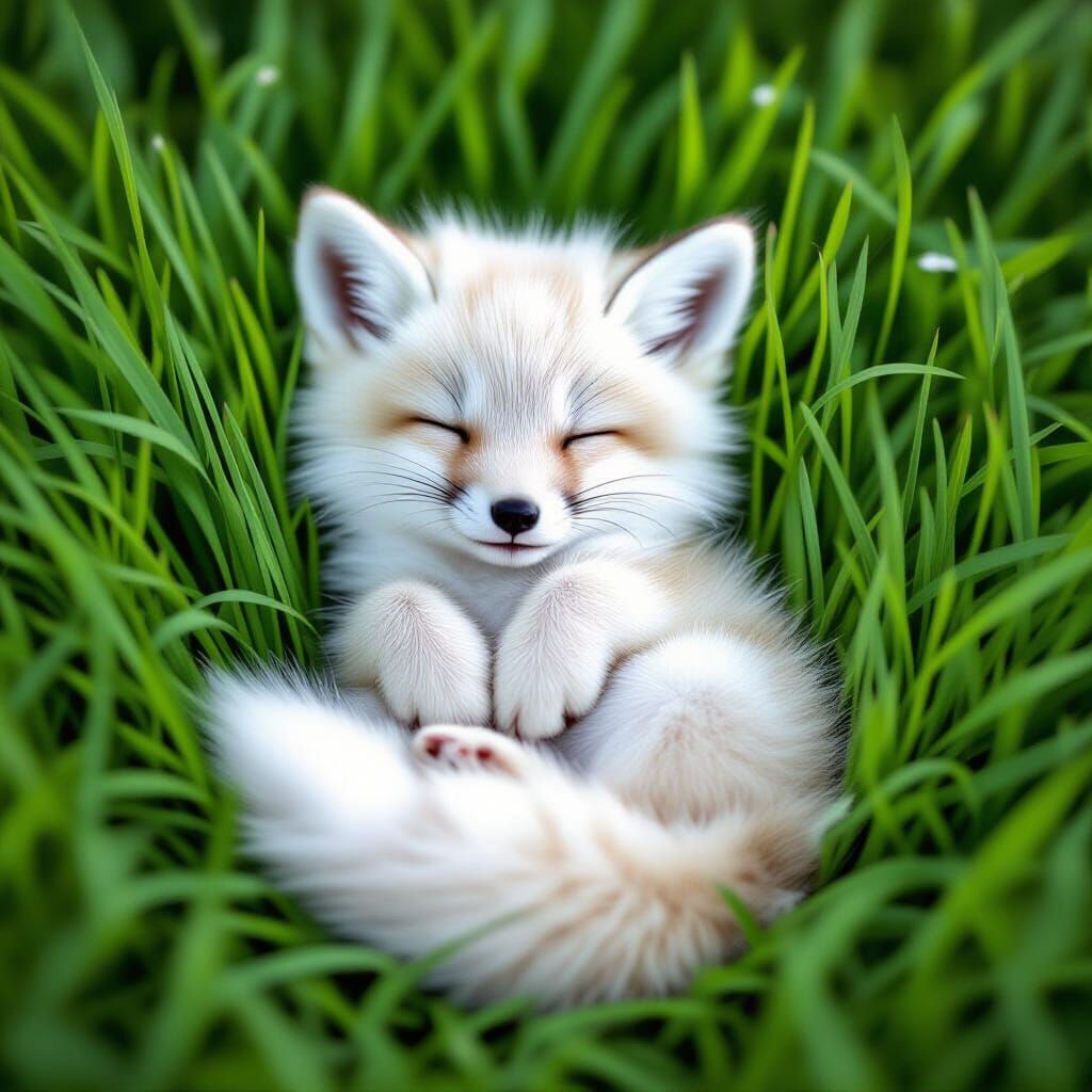 Adorable Baby White Fox Sleeping in Lush Green Grass