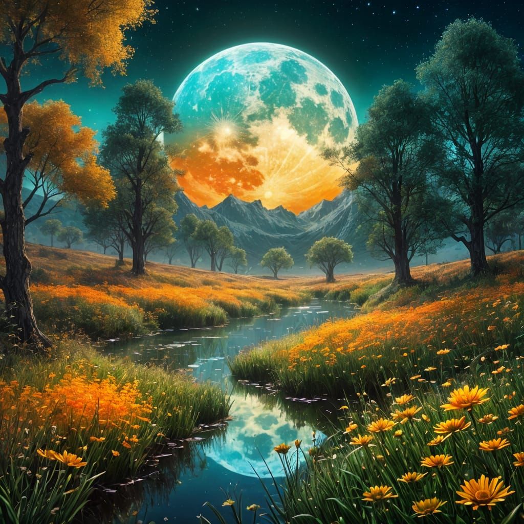 Steampunk Full Moon Over Iridescent Meadow