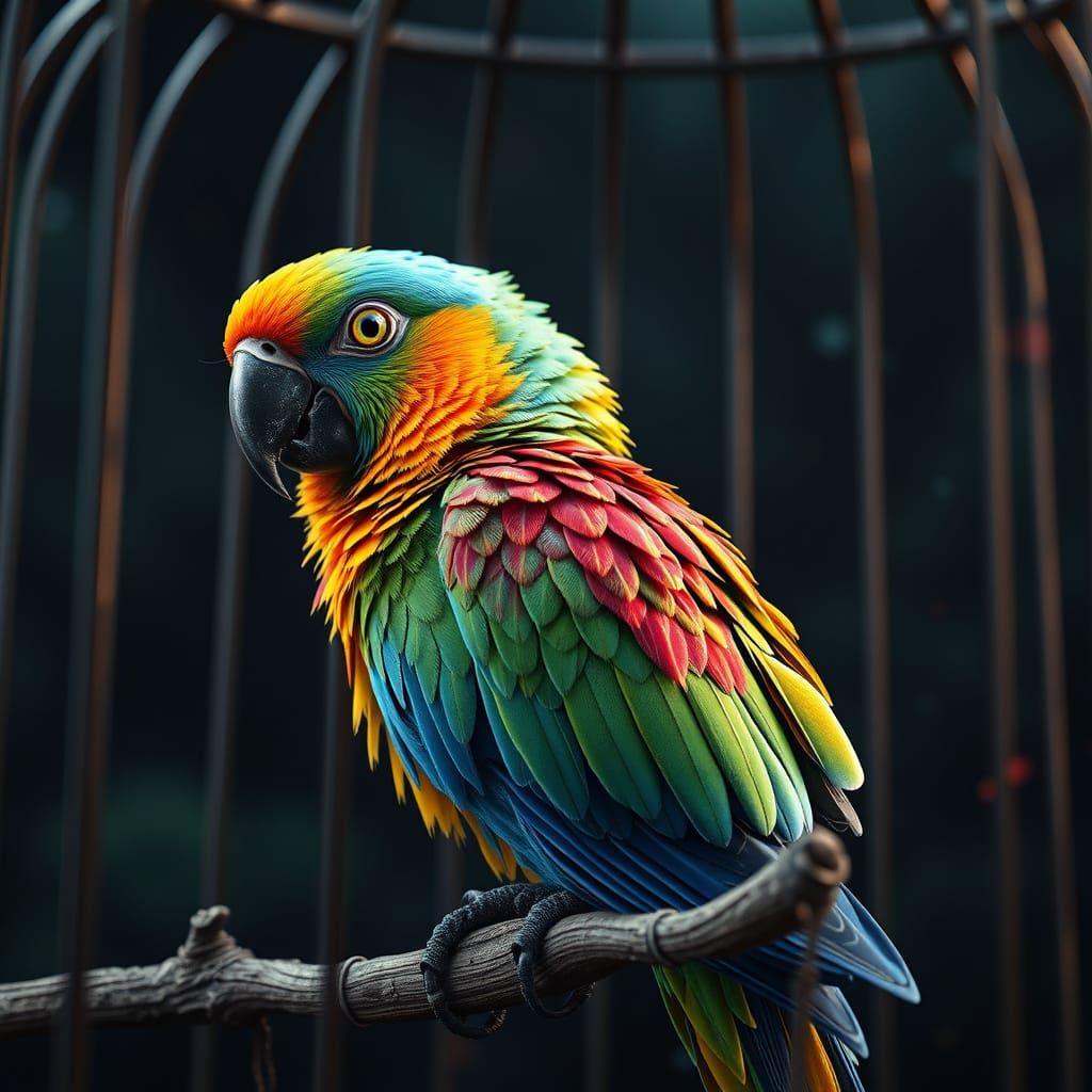 Fantastical Parrot in Dreamlike Birdcage