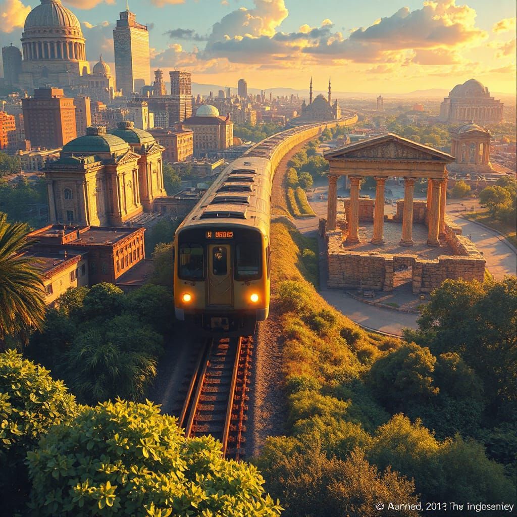Train Slicing Time: Cityscape and Ancient Ruins