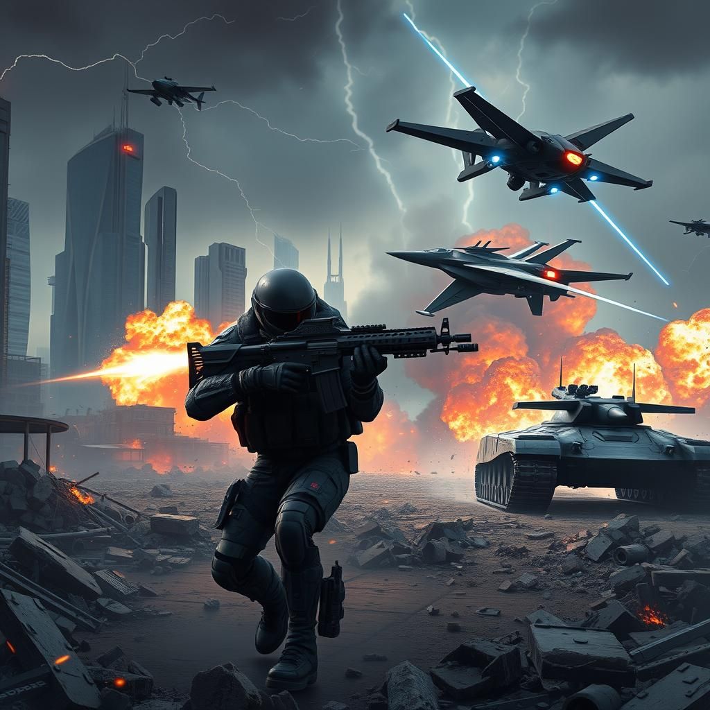 Futuristic Soldier Advances Through Ruined Cityscape