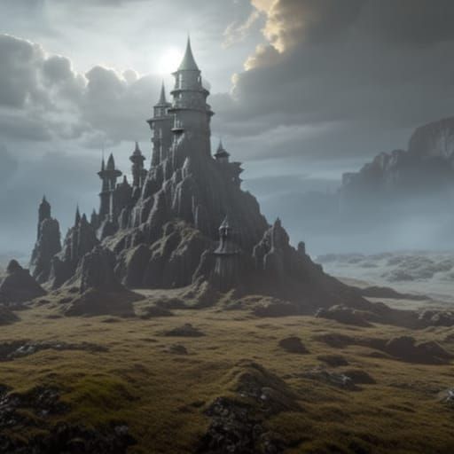 Sinister Castle in Dark Fantasy Landscape