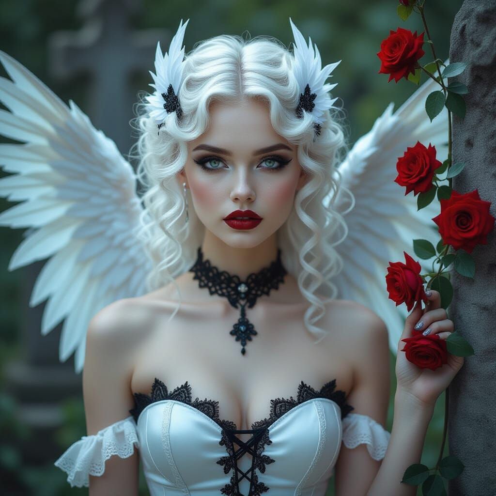 Gothic Beauty with Feathered Wings and Red Roses