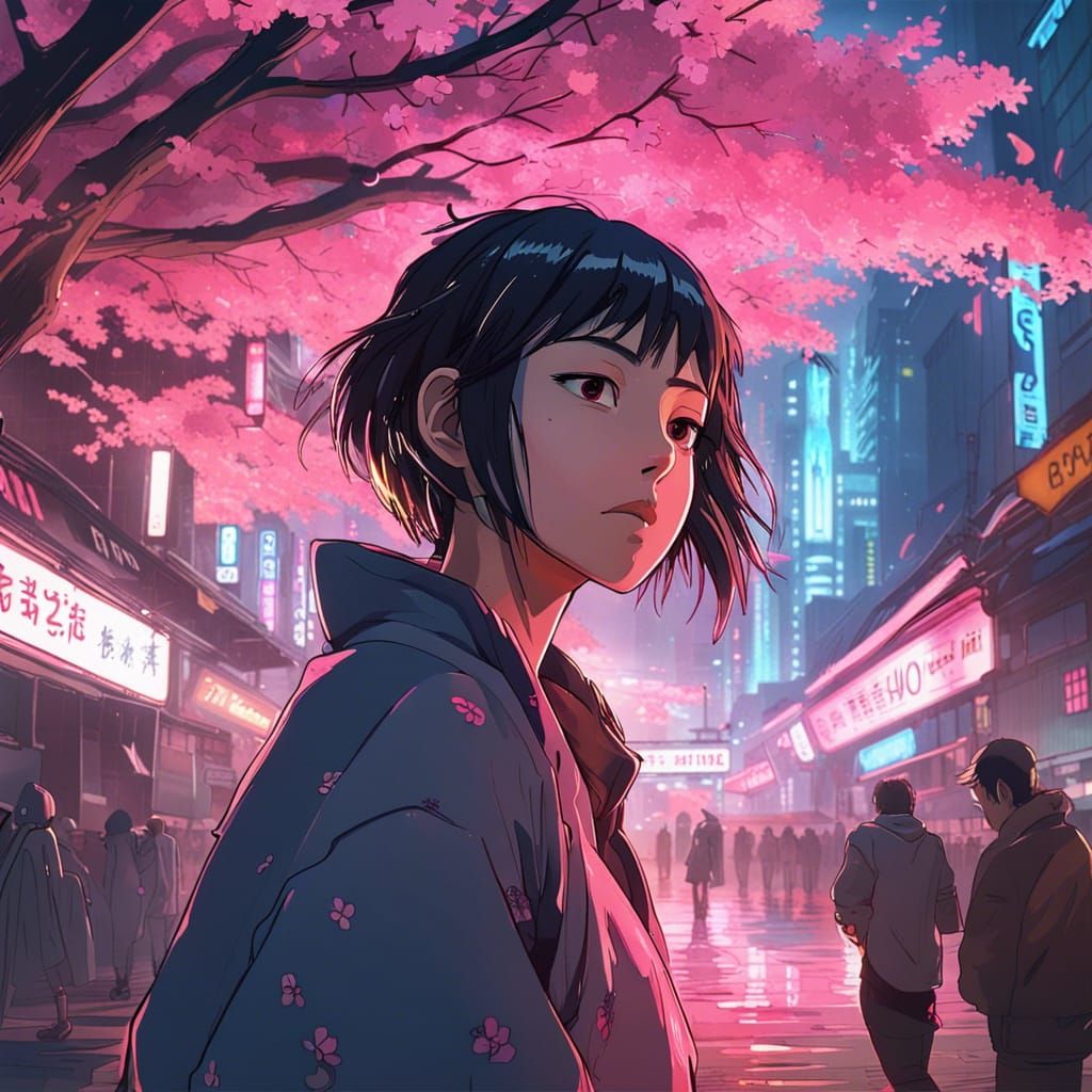 Anime Girl with Cherry Blossoms in Studio Ghibli Style