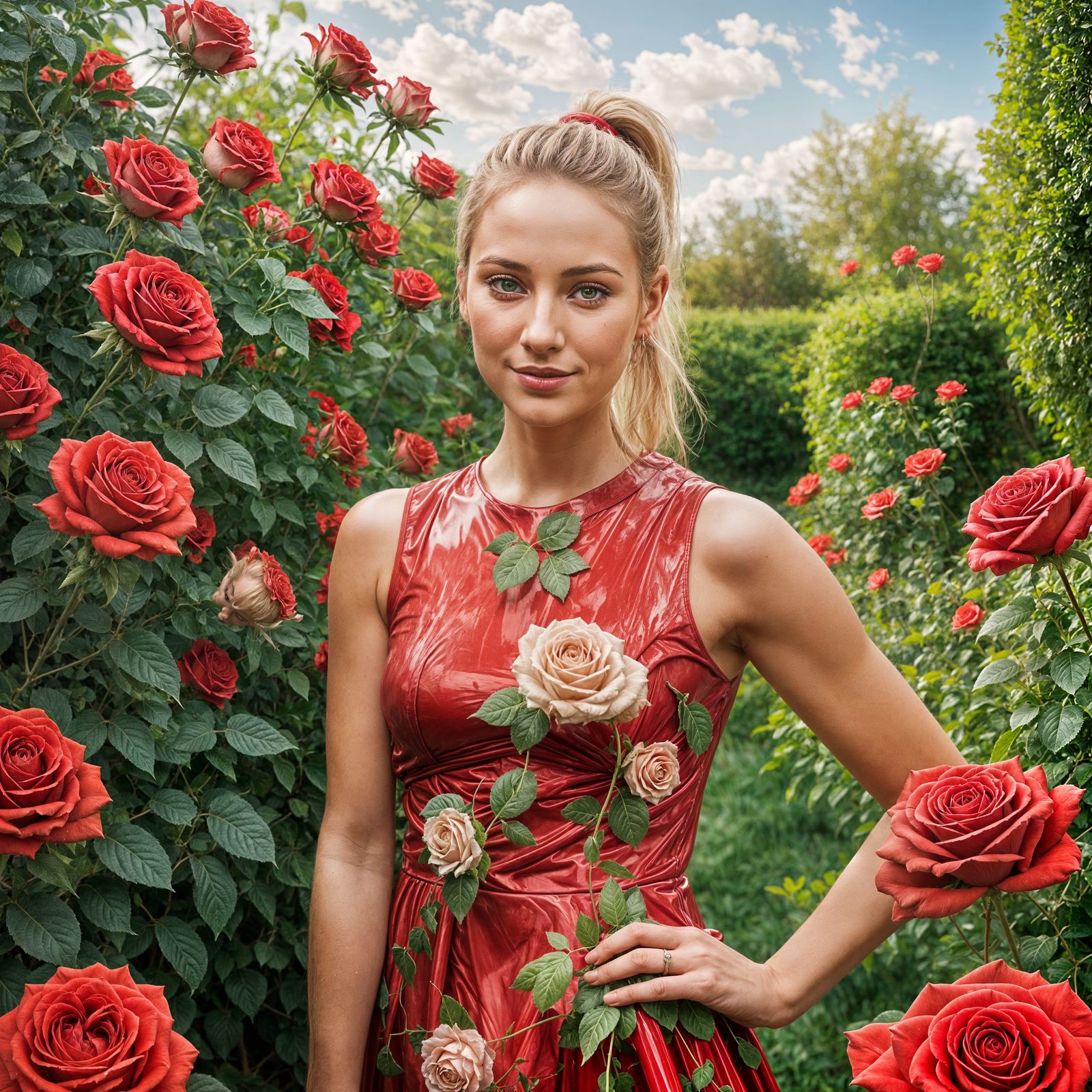 Woman in Red Vinyl Dress Amidst Garden Roses