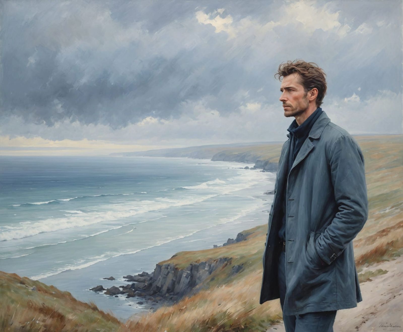 Man on Misty Coastline in Impressionistic Style