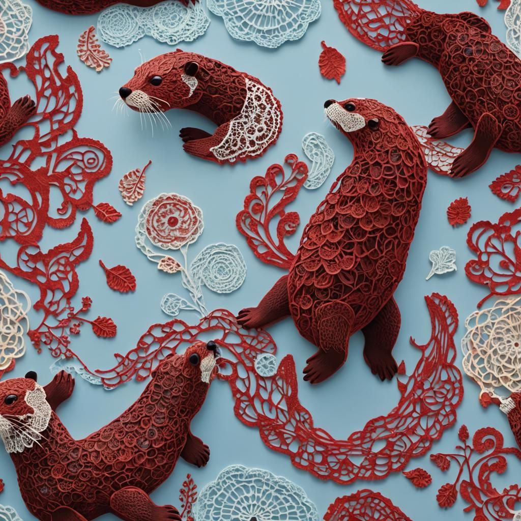 Crimson Red Doily Otter in Realistic Style
