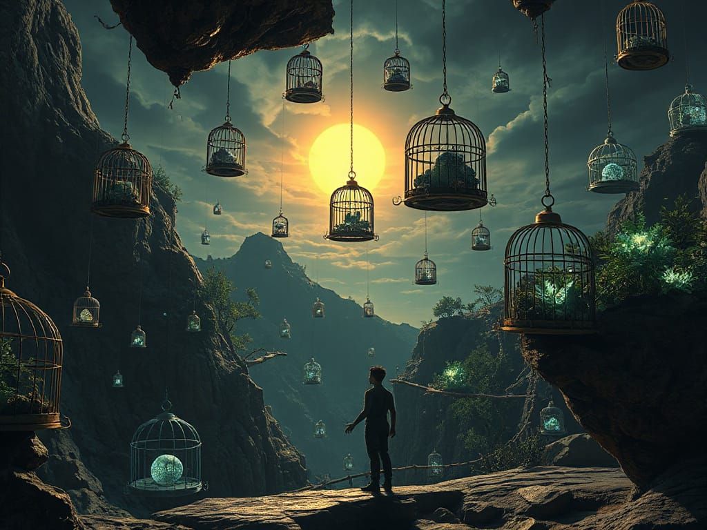 Surreal Landscape with Floating Cages and Warped Gravity
