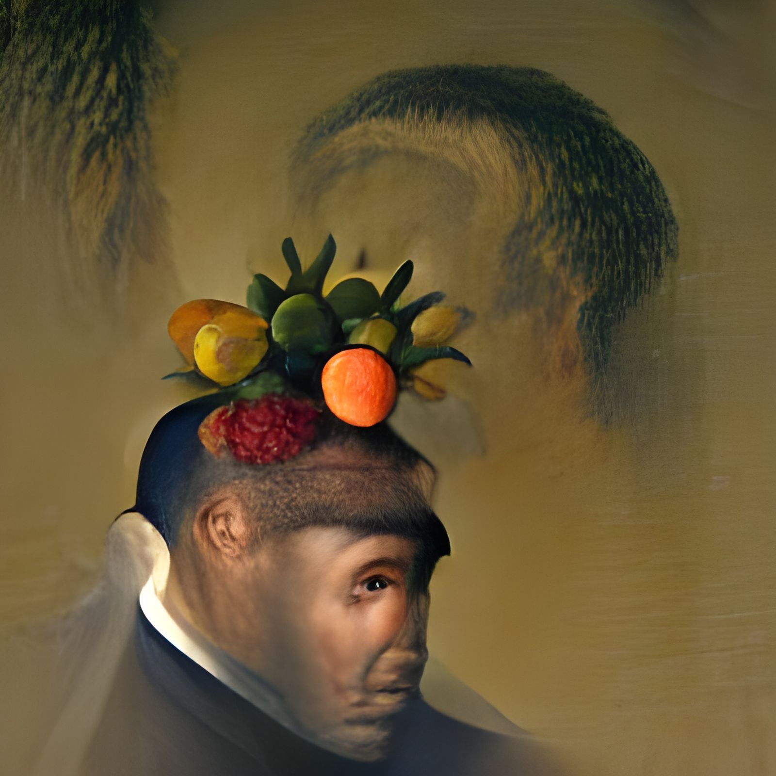 Surreal Portrait of Man with Fruit Headdress