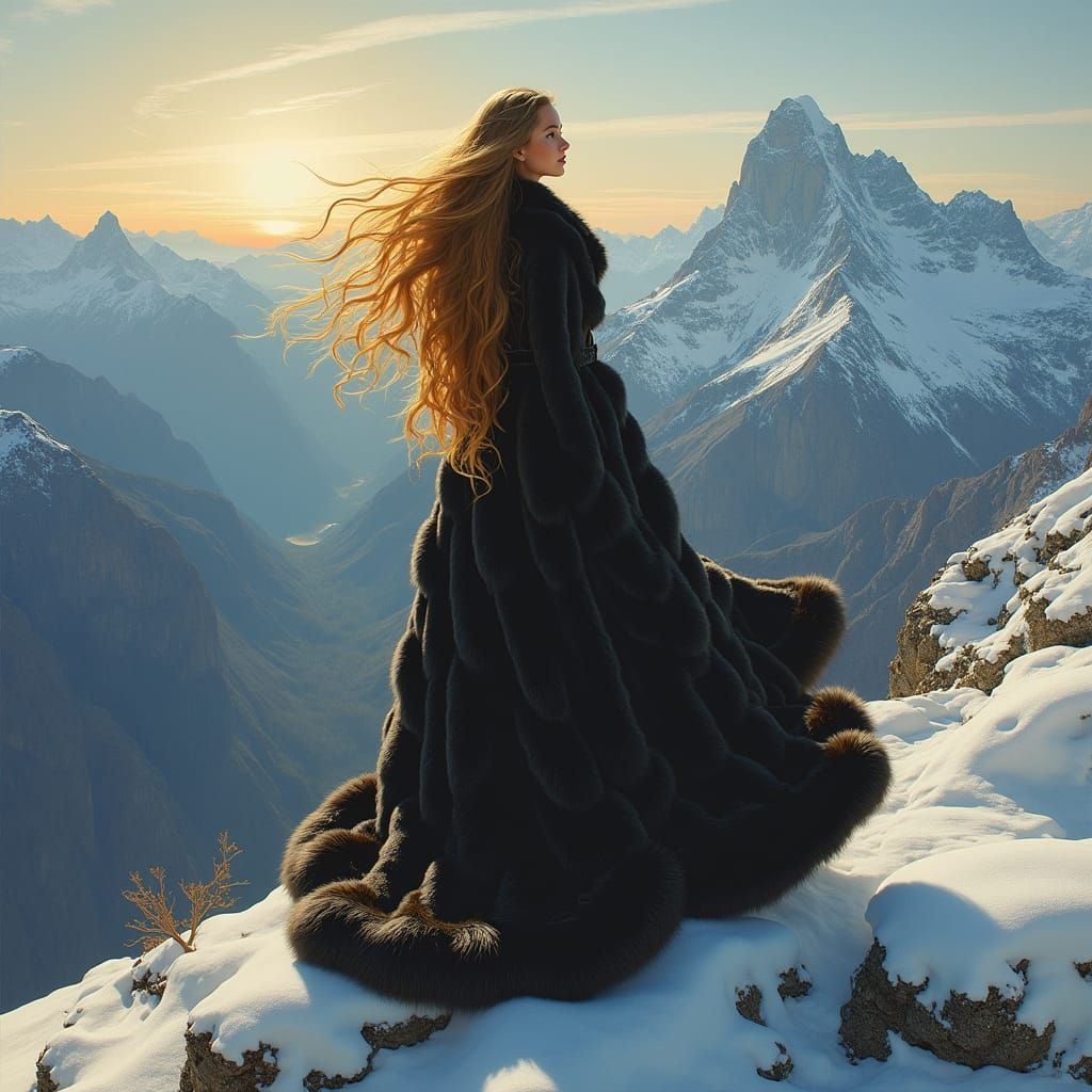 Regal Woman in Sable Coat, Standing on Snow-Covered Mountain...
