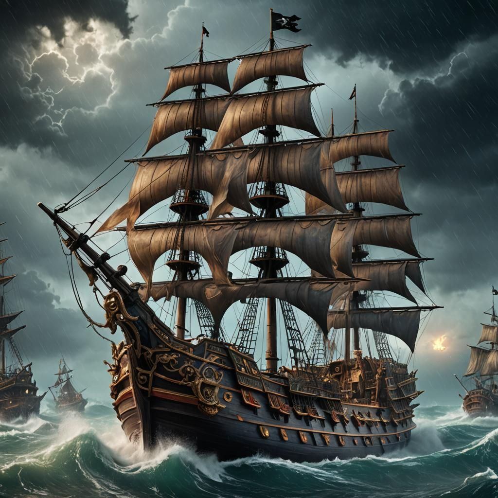 Pirate Ship Amidst Thunderstorm: Detailed Matte Painting
