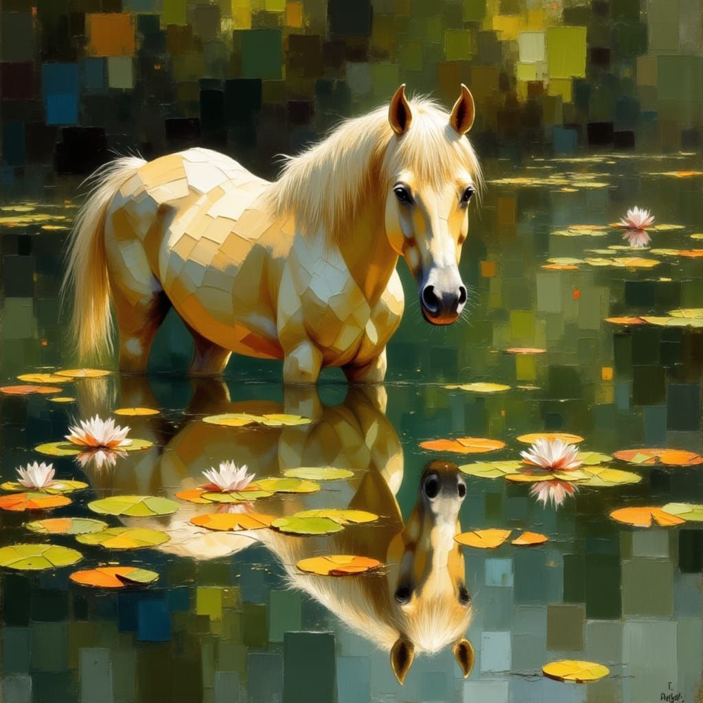 Palamino Horse Reflection in Serene Pond Painting