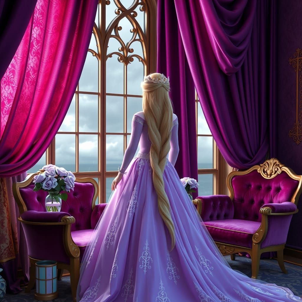 Ethereal Princess in Lavender Ball-Gown, Adorned with Silver...