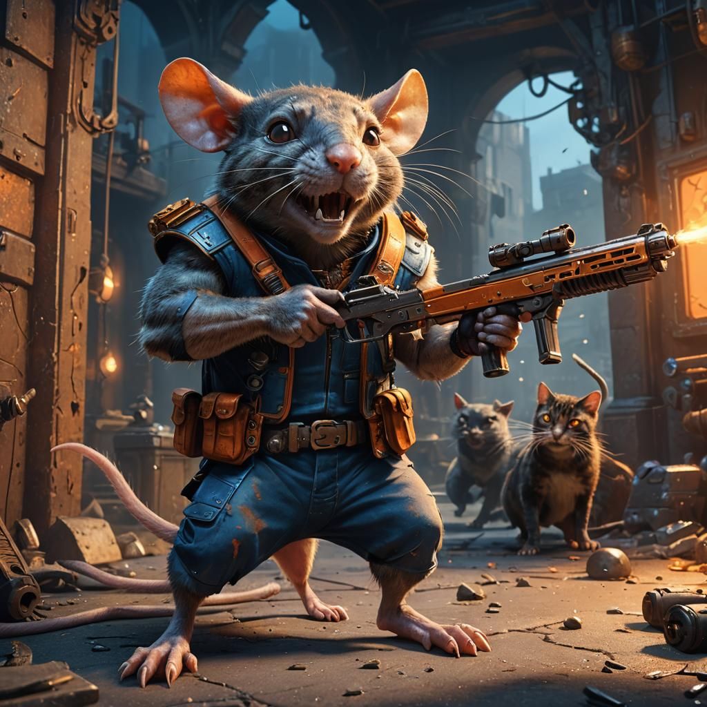 Muscular Rat Confronts Frightened Cat in Fantasy Art