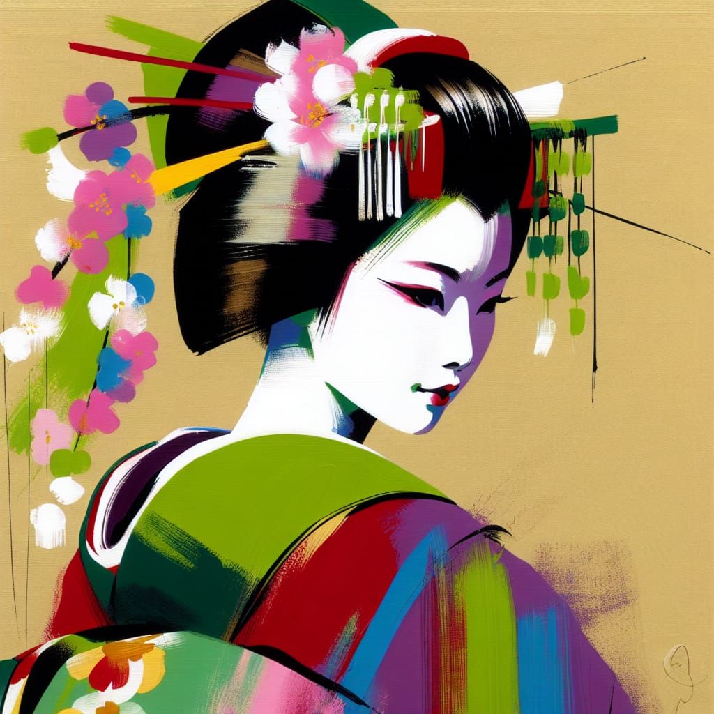 Minimalist Maiko Painting in Traditional Japanese Style
