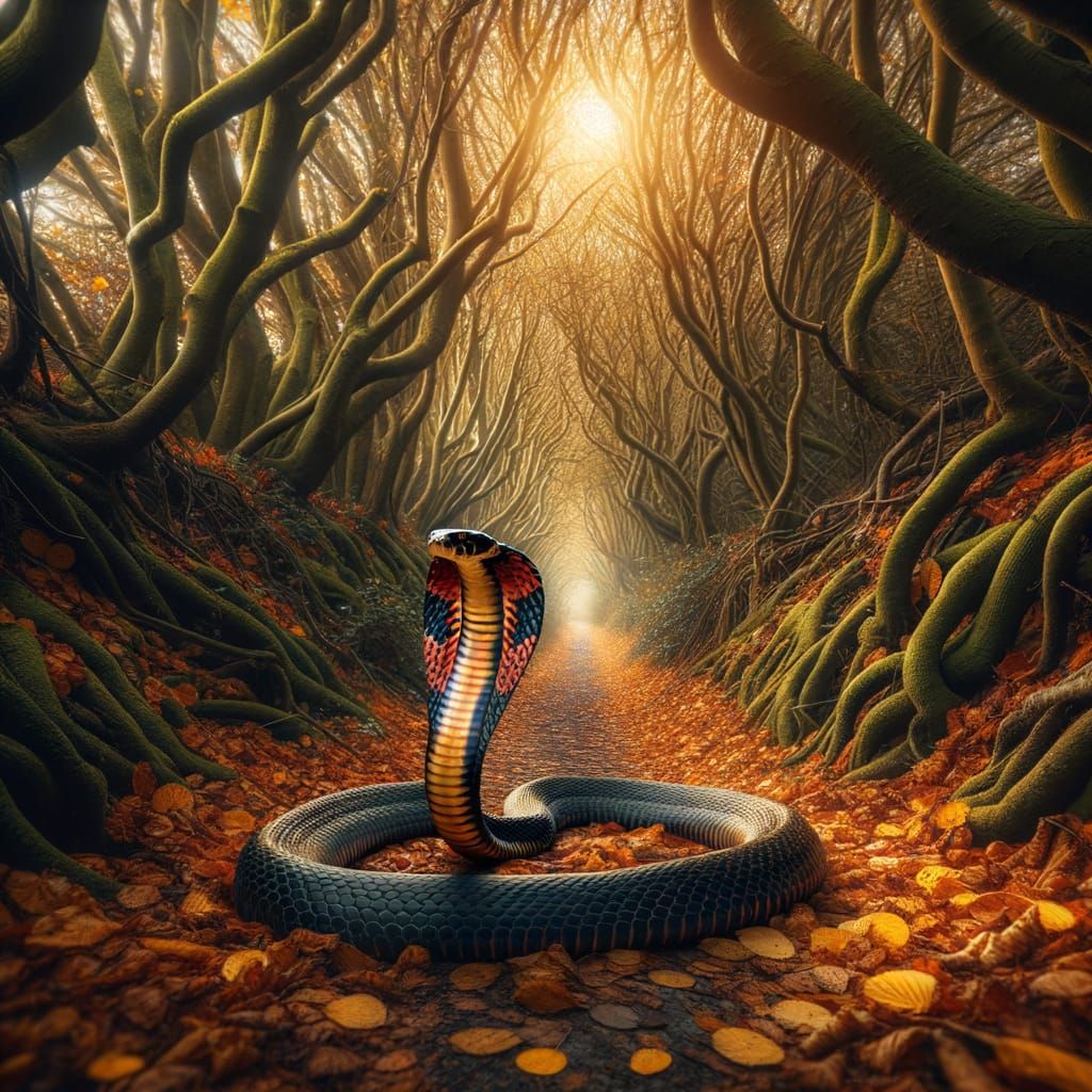 Cobra Lounging on Woodland Path in Sunlight