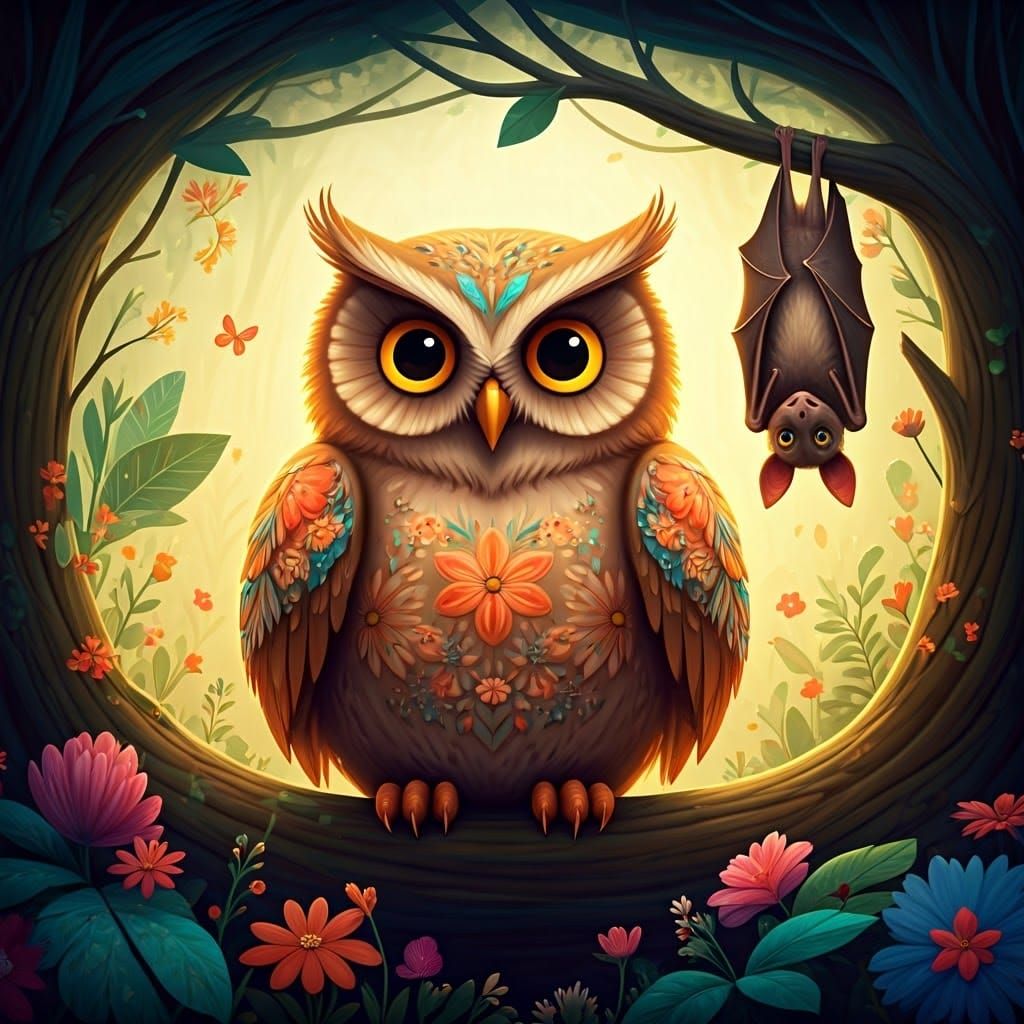 Whimsical Owl and Bat in Floral Forest
