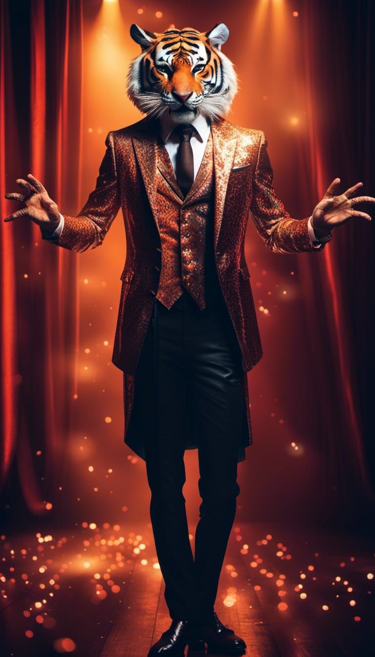 Glamorous Tiger Magician on Stage in Warm Colors