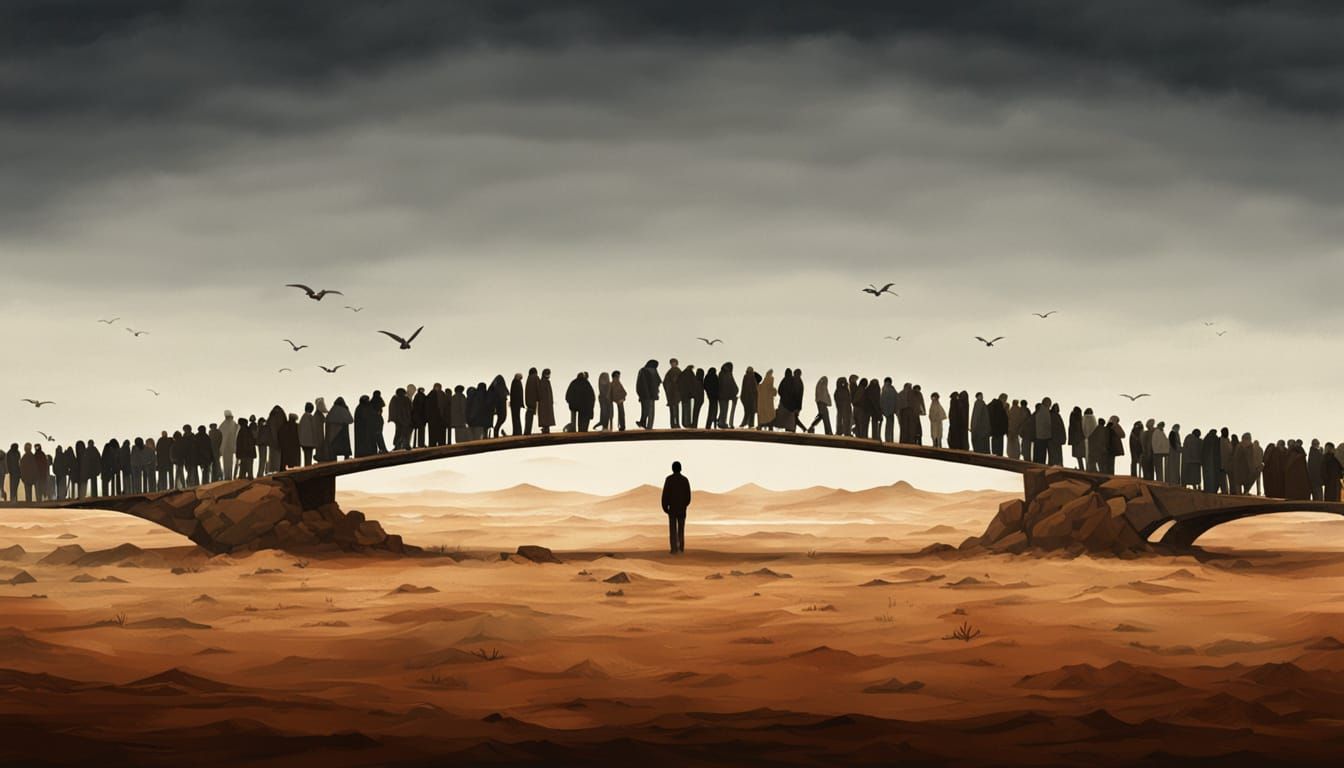 Mysterious Crowd Over a Desert Bridge