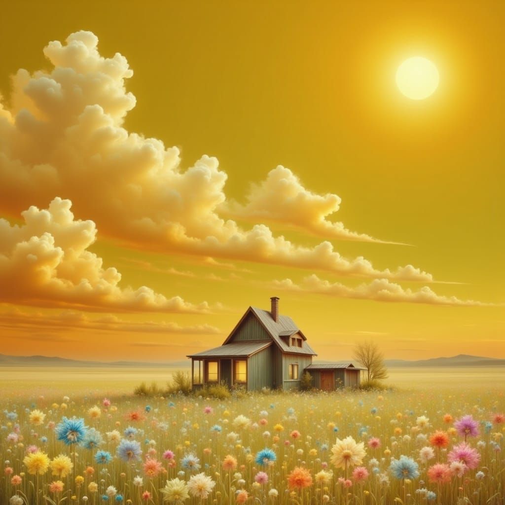 Prairie Cottage Under Cosmic Sky, Ethereal Landscape