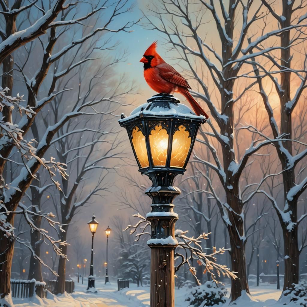 Cardinal on Lamp Post in Winter Fantasy Art