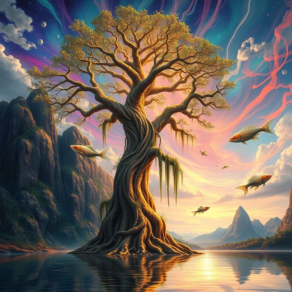Dreamlike Landscape with Colossal Tree and Floating Mountain...