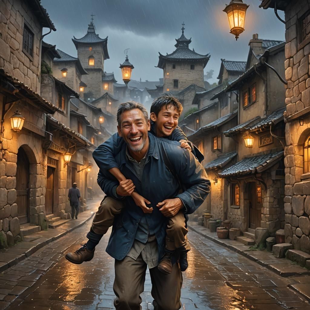 Father and Son Laughing in the Rain: Fantasy Art