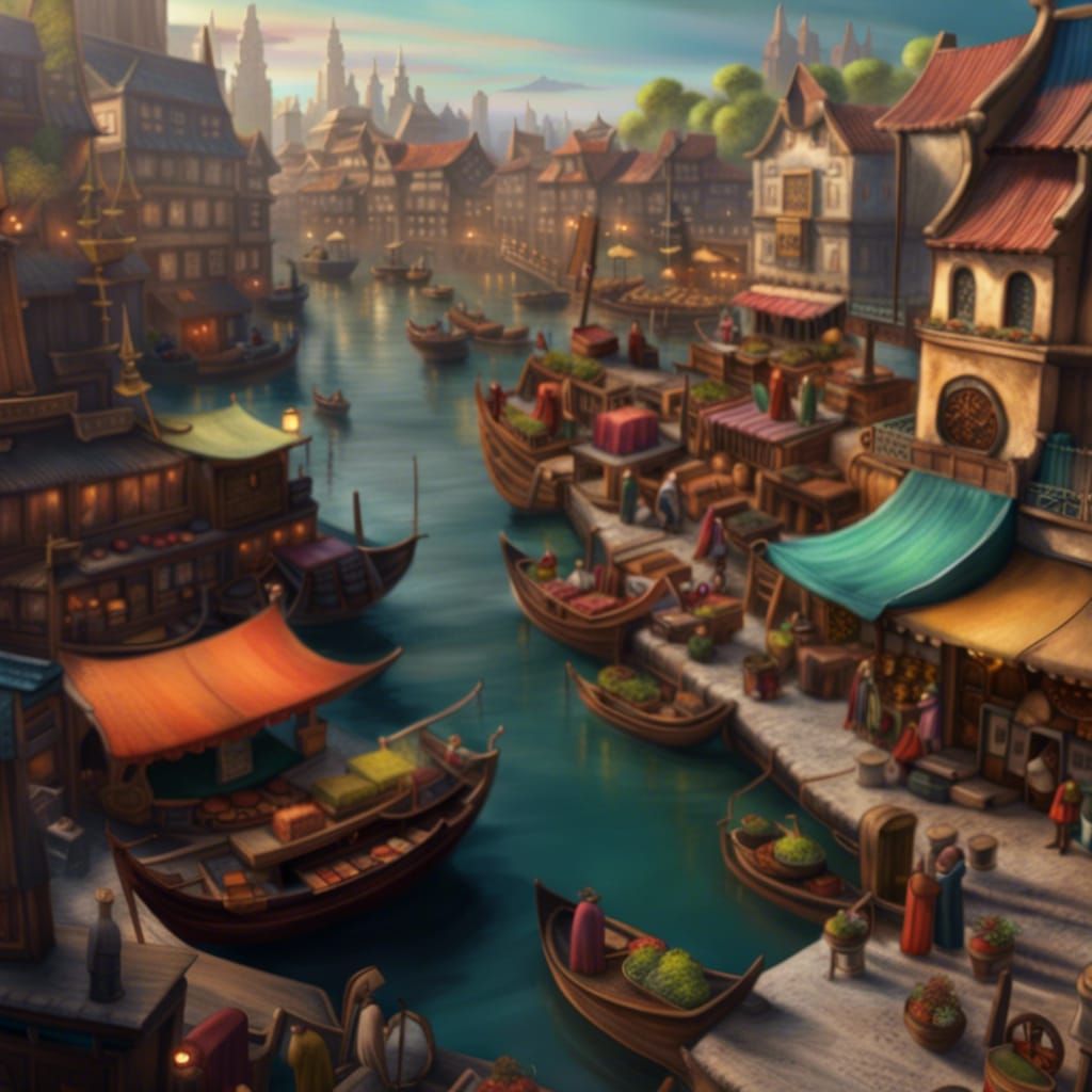Busy Fantasy Harbor Market in Detailed Matte Painting