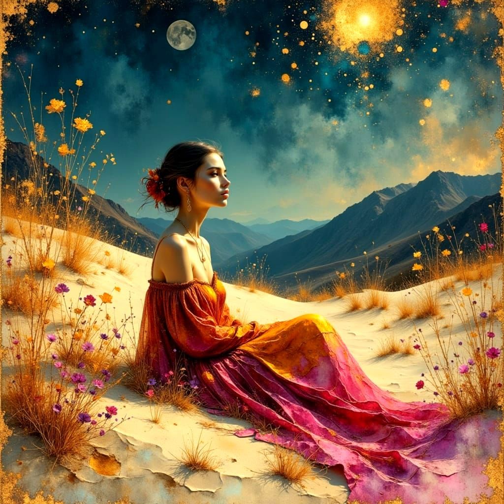 Girl in Magenta Dunes: Ethereal Dreamscape