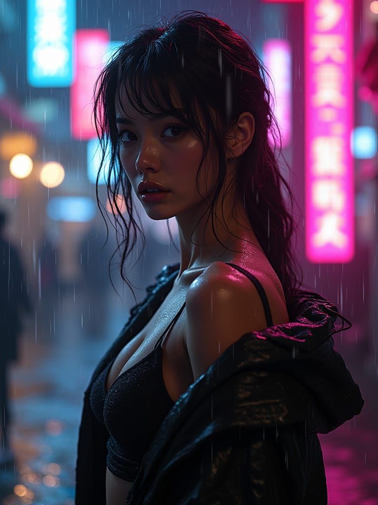 Cyberpunk Woman in Neon Rain