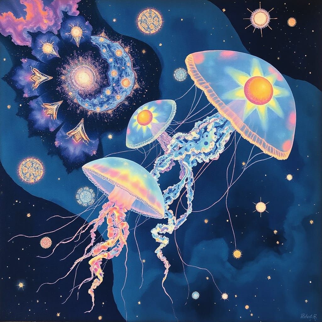 Celestial Jellyfish Blooms in Ethereal Fractals