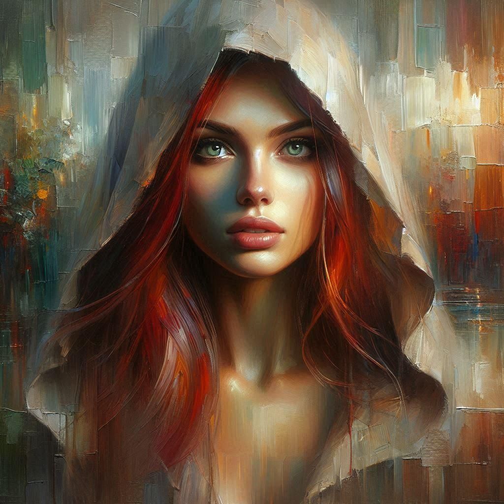 Oil Painting of Red-Haired Woman with Hood