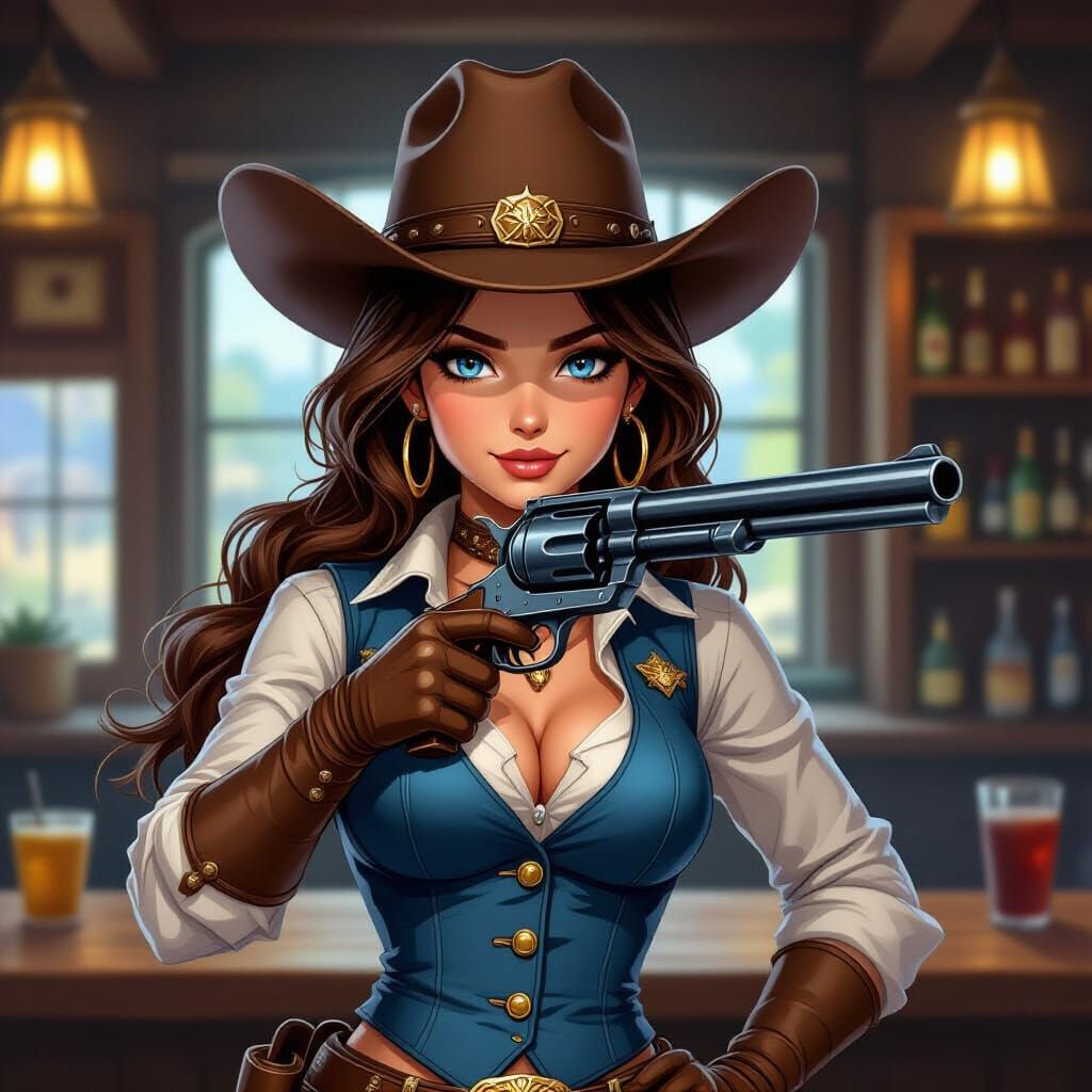 Fantasy Cowboy Girl Shooting Gun in Bar
