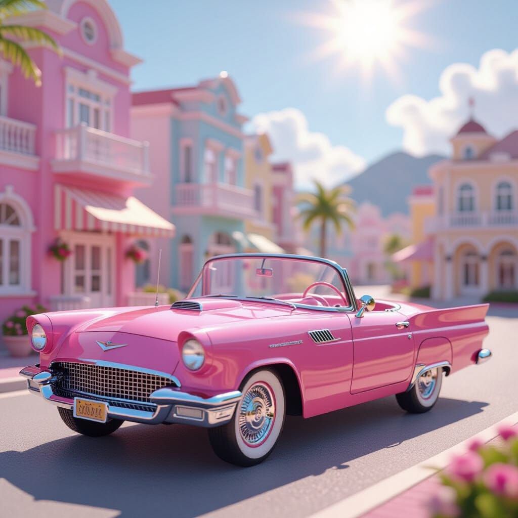 Photorealistic Pink Classic Car in Barbie Land