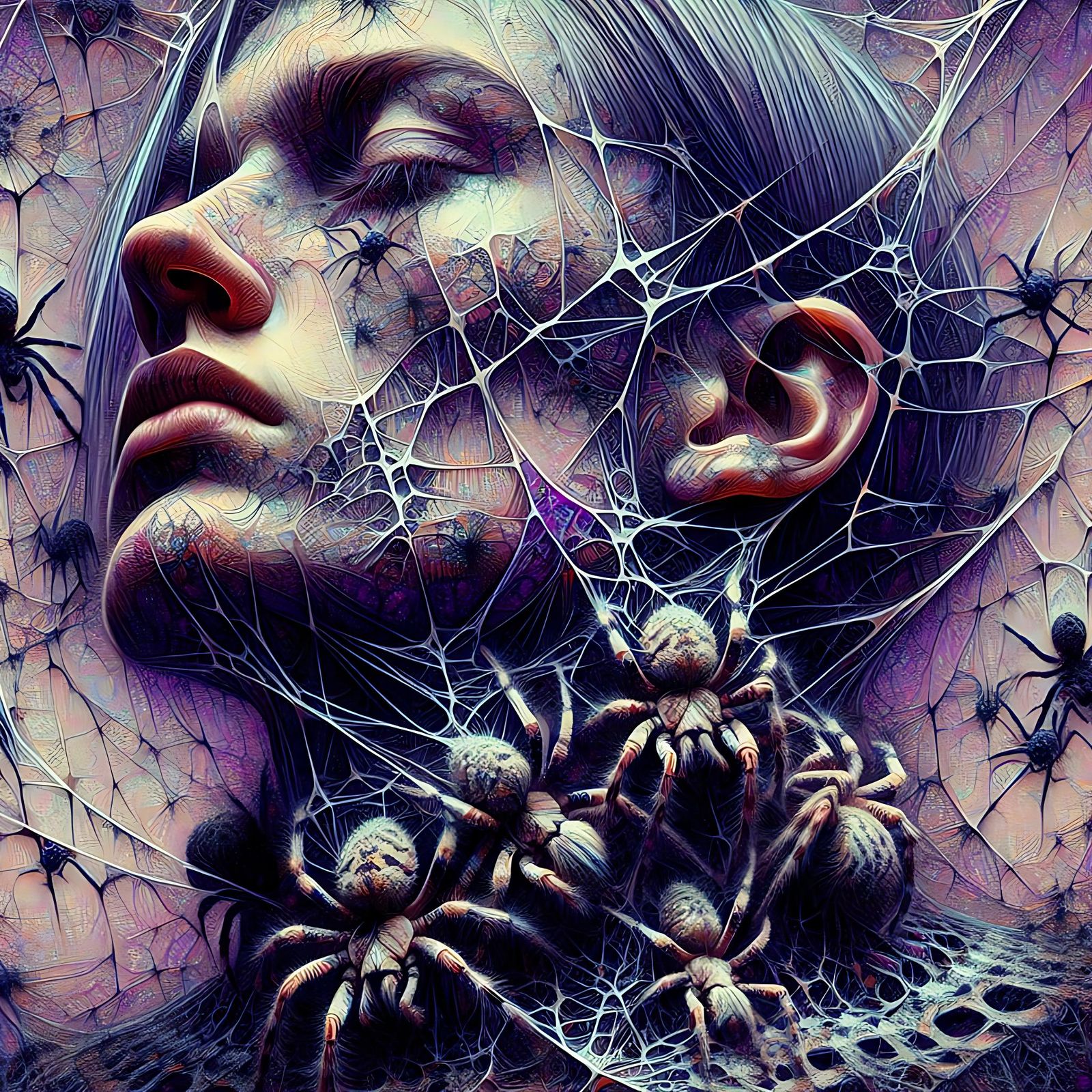 Woman Entangled in Spider Web: Macabre Digital Art