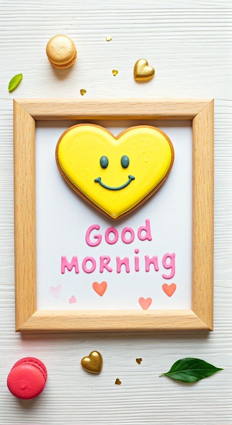 Whimsical Morning Flat Lay with Heart Cookie and Macarons